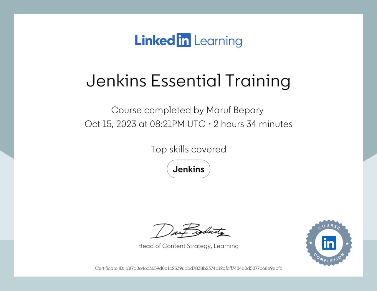 Jenkins Essential Training certificate image